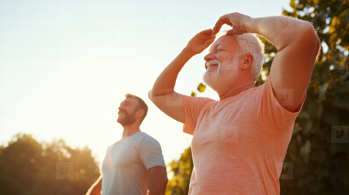 Senior man outdoor exercise happy sunlight fitness healthy Senior man and adult man outdoor