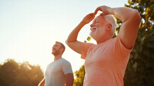 Senior man outdoor exercise happy sunlight fitness healthy Senior man and adult man outdoor