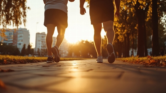 Overweight couple exercising together outdoors sunrise  autumn park  motivation  healthy