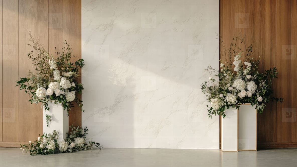 Modern wedding ceremony backdrop with sleek marble panel  wood wall  white floral arrangement