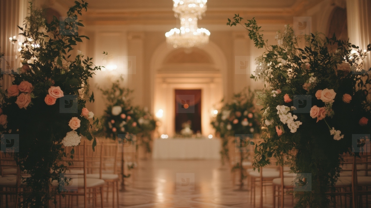 Luxurious wedding ceremony backdrop with elegant floral arrangements  soft lighting