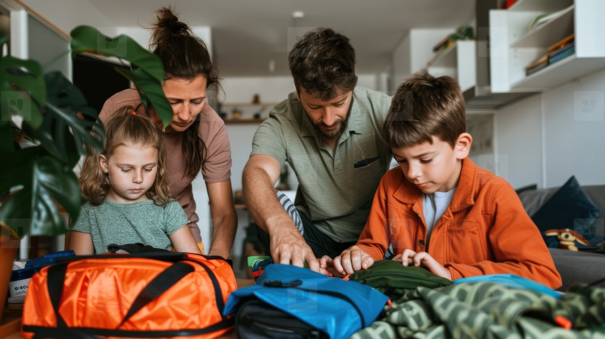 Family packing luggage together in living room  preparing for vacation  teamwork and excitement