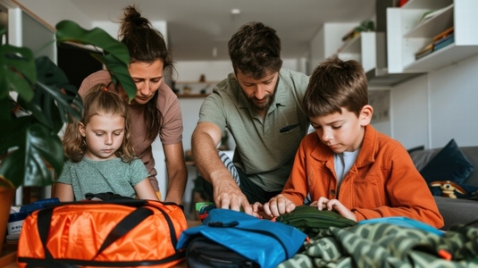 Family packing luggage together in living room  preparing for vacation  teamwork and excitement