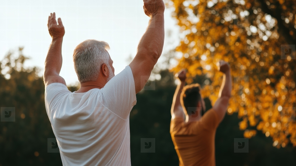 Older man outdoor exercise fitness morning stretching healthy lifestyle autumn