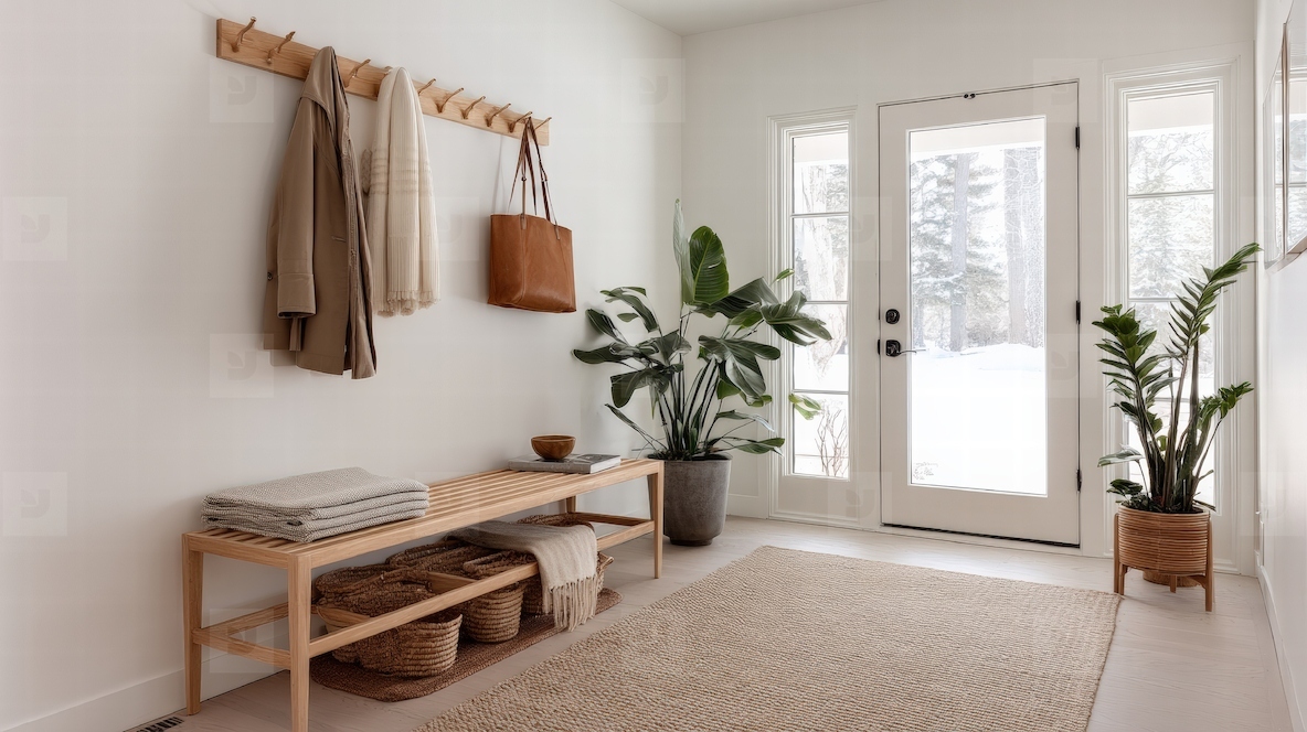 Scandinavian entryway bench wooden hooks coat bag plant rug basket minimal natural light