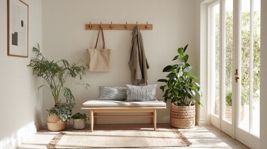 Scandinavian entryway bench with wooden hooks  indoor plants  natural light  cozy vibe