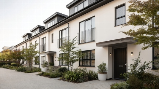 Row of modern terraced homes with large windows  white facade  and green landscaping
