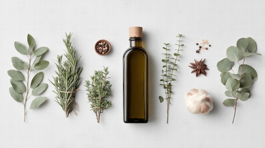 Olive oil bottle with herbs garlic spices and peppercorns on white background  natural healthy