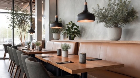 Modern restaurant with elegant seating  pendant lighting  wooden tables  and potted plants