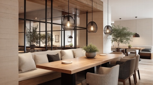 Modern restaurant with elegant seating  pendant lighting  wood table  cozy atmosphere