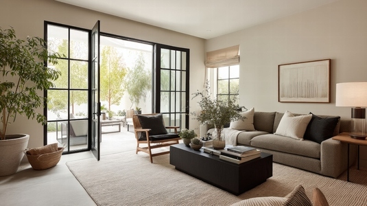 Modern living room with open french doors  neutral decor  cozy atmosphere  natural light