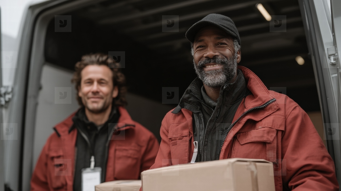Two delivery men smiling while holding packages  standing by van  wearing red jackets outdoors