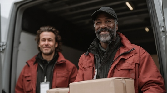 Two delivery men smiling while holding packages  standing by van  wearing red jackets outdoors