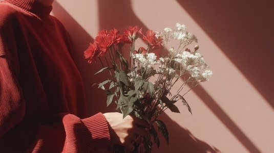 Woman in red sweater holding bouquet of red and white flowers in soft sunlight minimal aesthetic Woman in red sweater holding bouquet of red and white flowers in soft sunlight minimal aesthetic