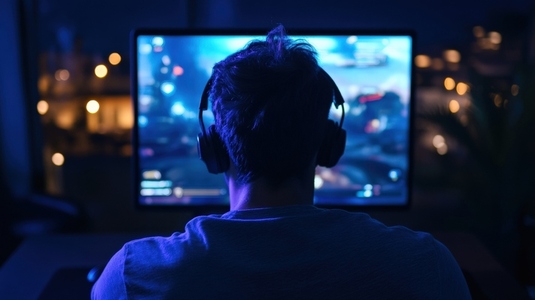 Young man wearing headphones streaming video game on laptop in dark room at night