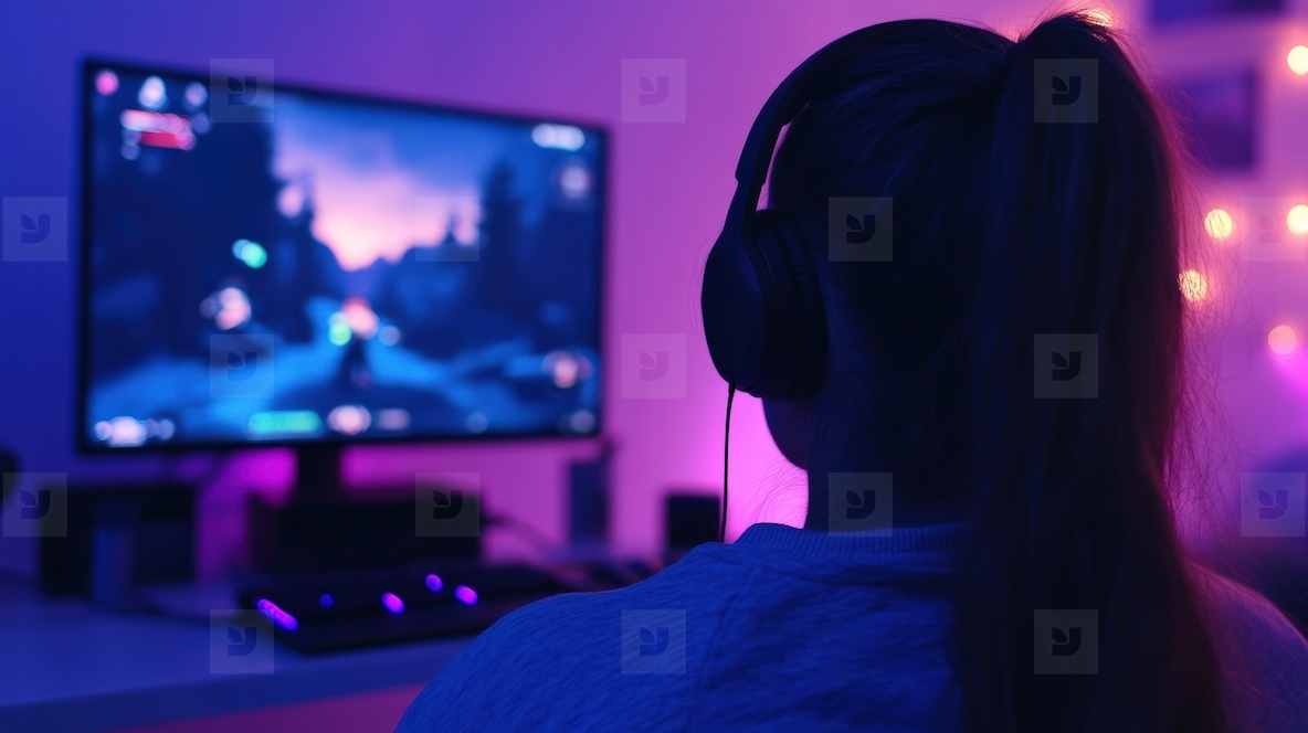 Gamer wearing headphones playing computer game in dark room with neon lights  focused mood