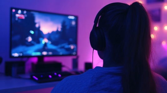 Gamer wearing headphones playing computer game in dark room with neon lights  focused mood