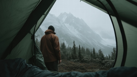 Wide angle shot from inside green tent person in brown jacket misty mountain landscape Wide angle shot from inside green tent person in brown jacket misty mountain landscape