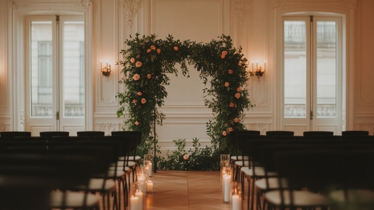 Wedding ceremony backdrop  floral arch  vintage style  romantic  elegant  candlelight aisle