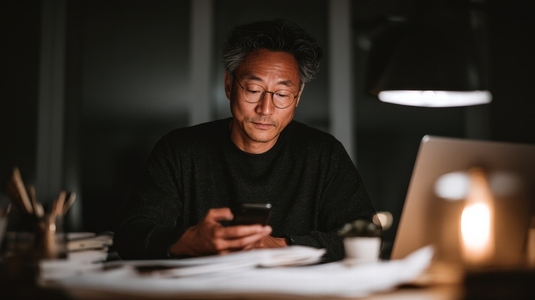 Senior middle aged Asian businessman manager working late office night glasses smartphone