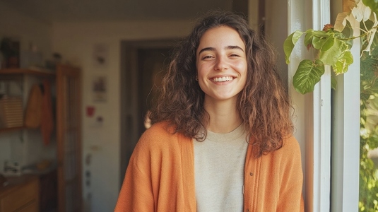 Cheerful woman standing doorway casual home natural smile Warm cheerful woman standing doorway