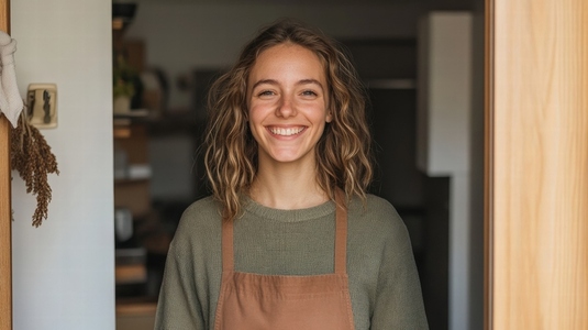 Cheerful woman standing doorway casual apron smiling natural light Friendly cheerful woman Cheerful woman standing doorway casual apron smiling natural light Friendly cheerful woman