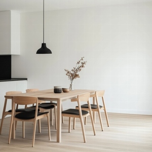 Scandinavian minimalism dining room with wooden table  black pendant light  cozy atmosphere