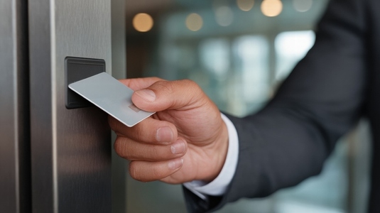 Business executive entering office using access card  security system  modern workplace entry