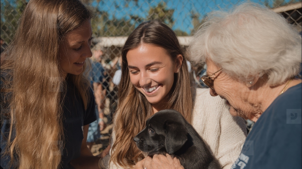 Senior volunteer group puppy outdoor happy animal shelter Seniors and young adults happily