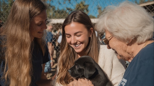 Senior volunteer group puppy outdoor happy animal shelter Seniors and young adults happily
