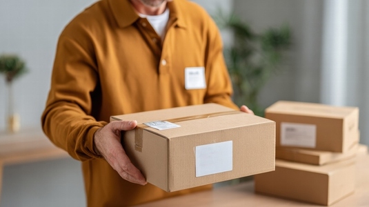 Man brown shirt cardboard box shipping delivery e commerce online store package label logistics