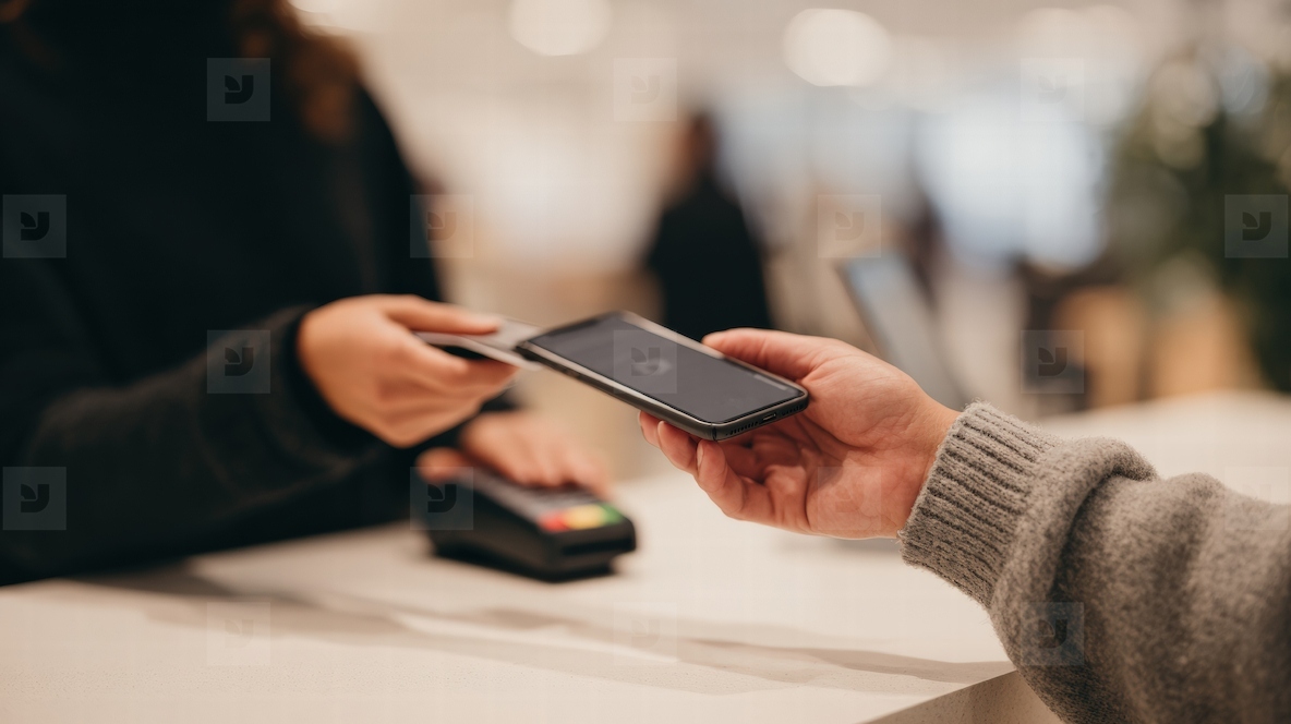 Contactless payment with smartphone at modern counter  secure transaction  blurred background