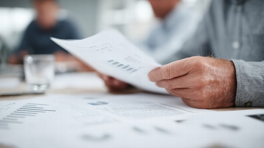 Close up of hands holding financial report with charts  business meeting  analysis  planning