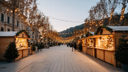Christmas market  warm lights  festive decoration  wooden stalls  evening