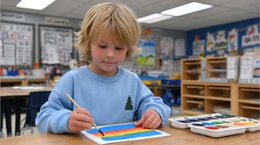 Child painting in art classroom with bright colors  creative  happy  watercolor  learning