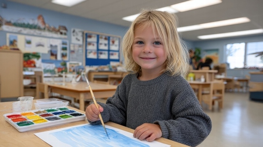 Child painting in art classroom with bright smile  watercolor  creative  happy  learning