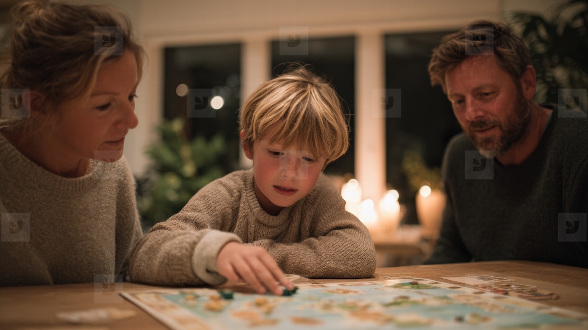 Family playing board game together in cozy living room  warm lighting  joyful bonding moment