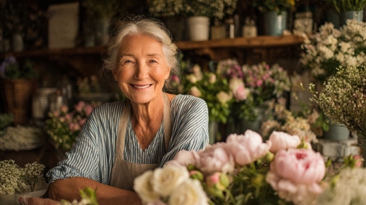 Elderly woman smiling small flower shop surrounded by fresh floral arrangements  warm atmosphere
