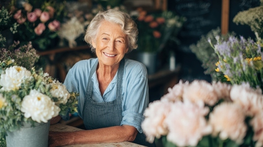 Elderly woman florist smiling in small flower shop with fresh bouquet arrangement
