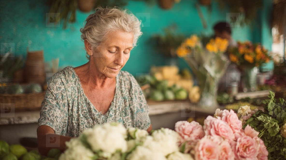 Elderly woman arranging fresh flowers in small flower shop peaceful and focused mood