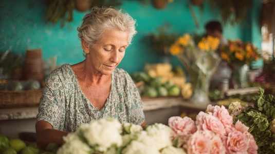Elderly woman arranging fresh flowers in small flower shop  peaceful and focused mood