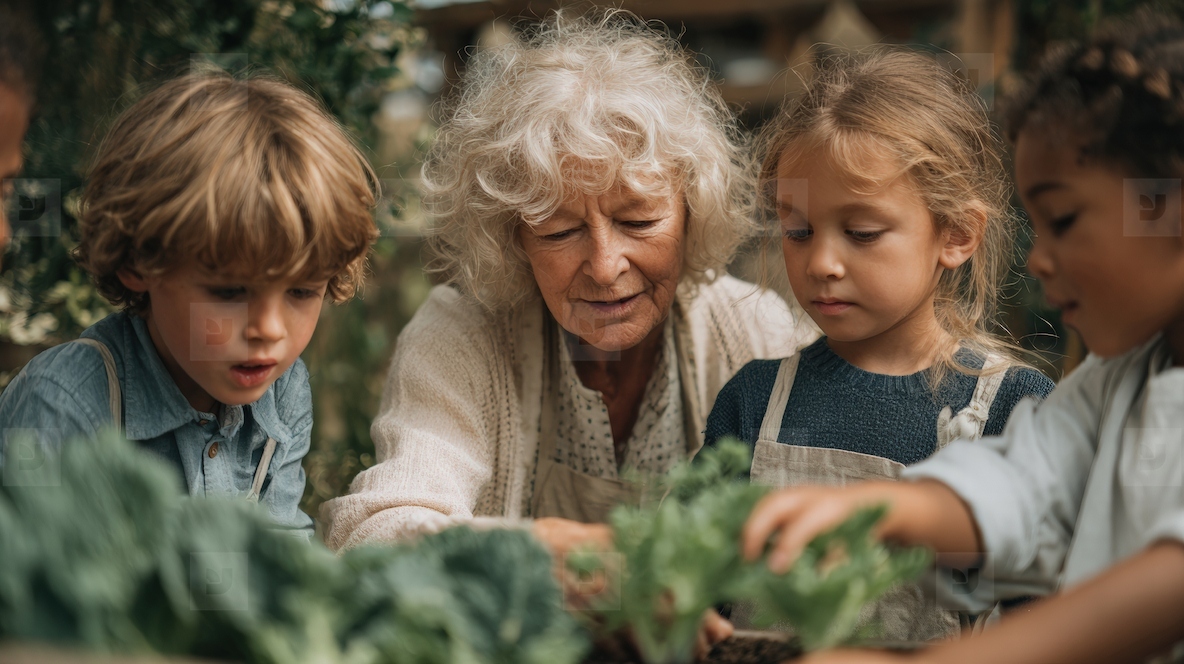 Elderly woman teaching children gardening  outdoor  teamwork  learning  happy  nature