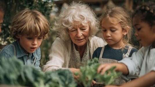 Elderly woman teaching children gardening  outdoor  teamwork  learning  happy  nature