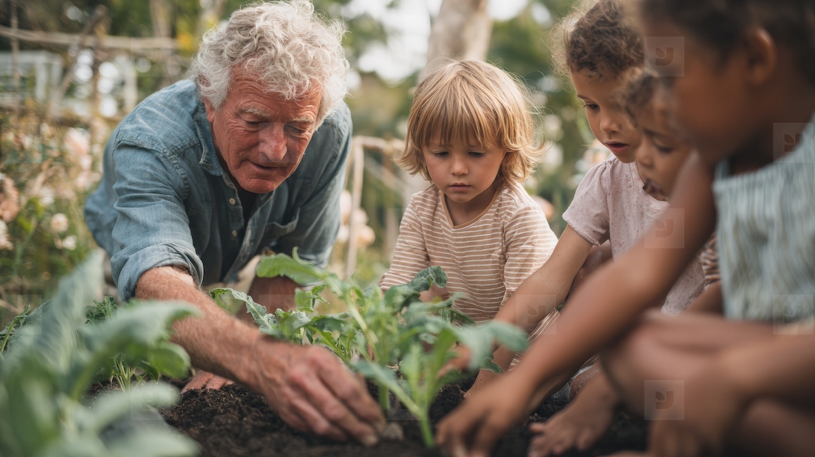 Elderly man teaching children gardening outdoors  planting vegetables together  joyful learning
