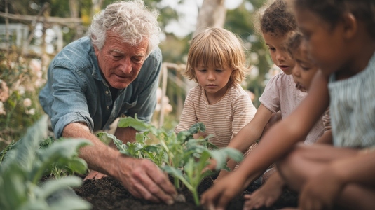 Elderly man teaching children gardening outdoors  planting vegetables together  joyful learning