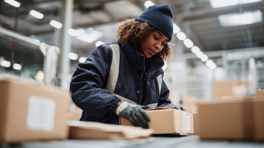 Warehouse worker package shipping logistics fulfillment gloves beanie focused