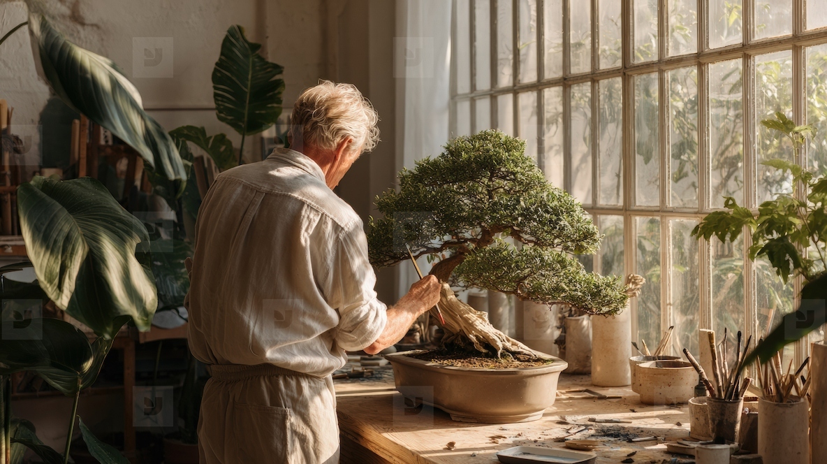 Elderly man painting bonsai tree in sunlit studio surrounded by plants peaceful atmosphere