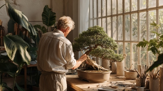 Elderly man painting bonsai tree in sunlit studio  surrounded by plants  peaceful atmosphere