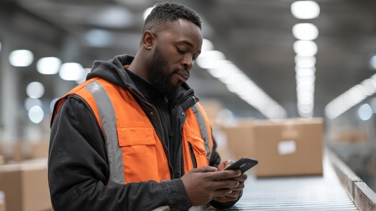 Warehouse worker orange vest smartphone package fulfillment logistics focused