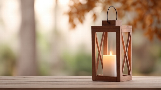 Wooden lantern candle glowing on table autumn outdoor peaceful warm light decor